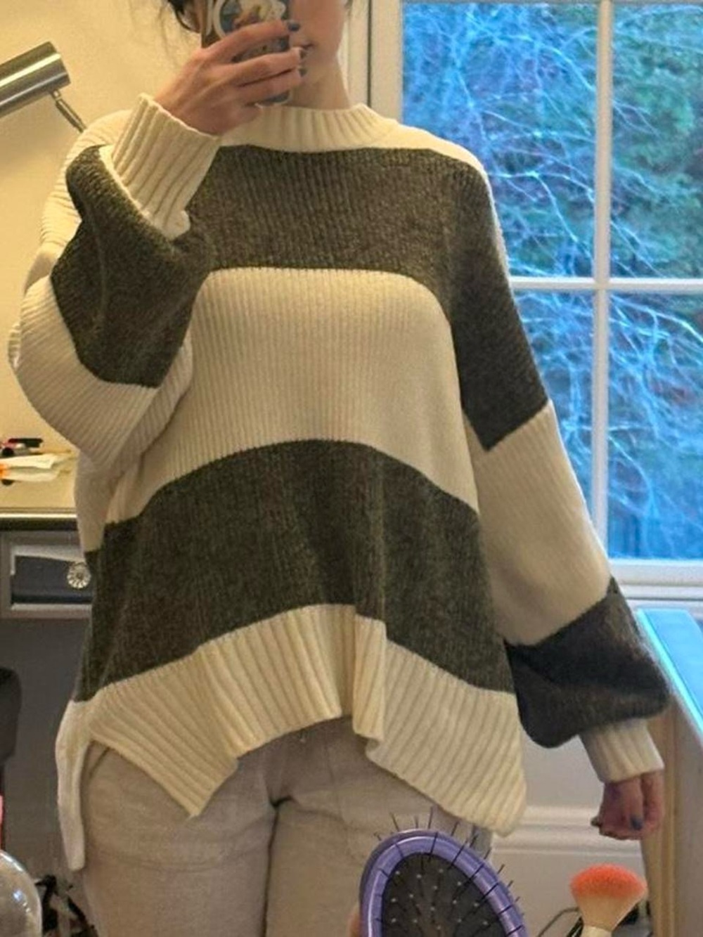 Adorable untra-soft oversized white and forest green striped Altar'd State sweat